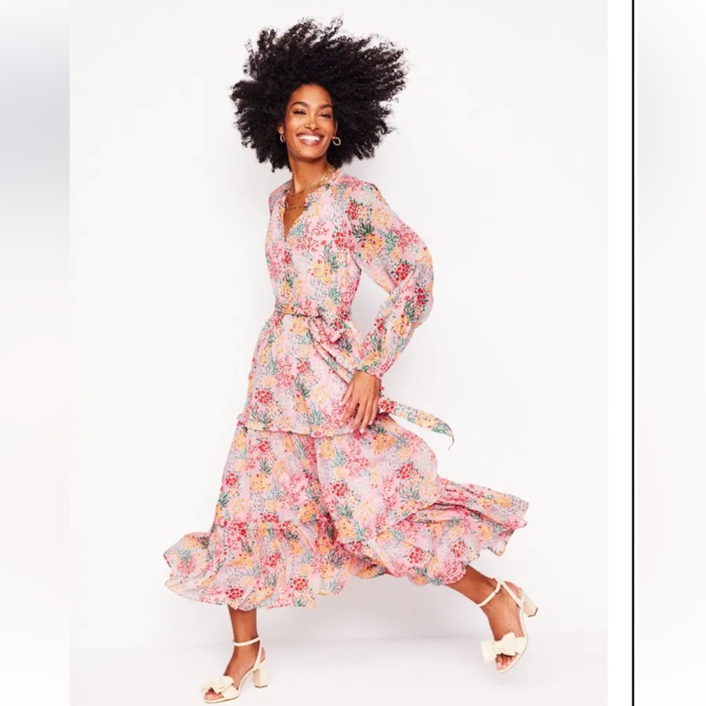 Boden Ruffle Smocked Midi Dress- Almond, Garden Bouquet NWT